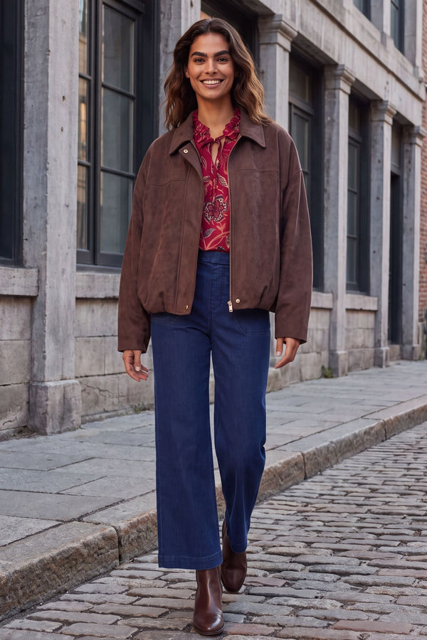 Valerie Brown Faux Suede Zip Oversize Jacket