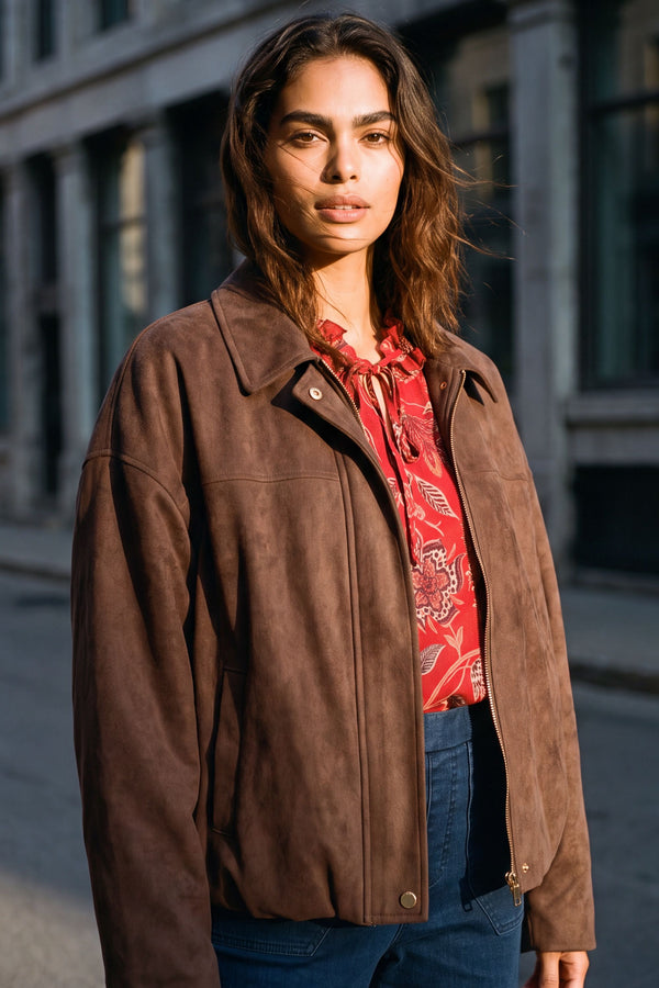 Valerie Brown Faux Suede Zip Oversize Jacket