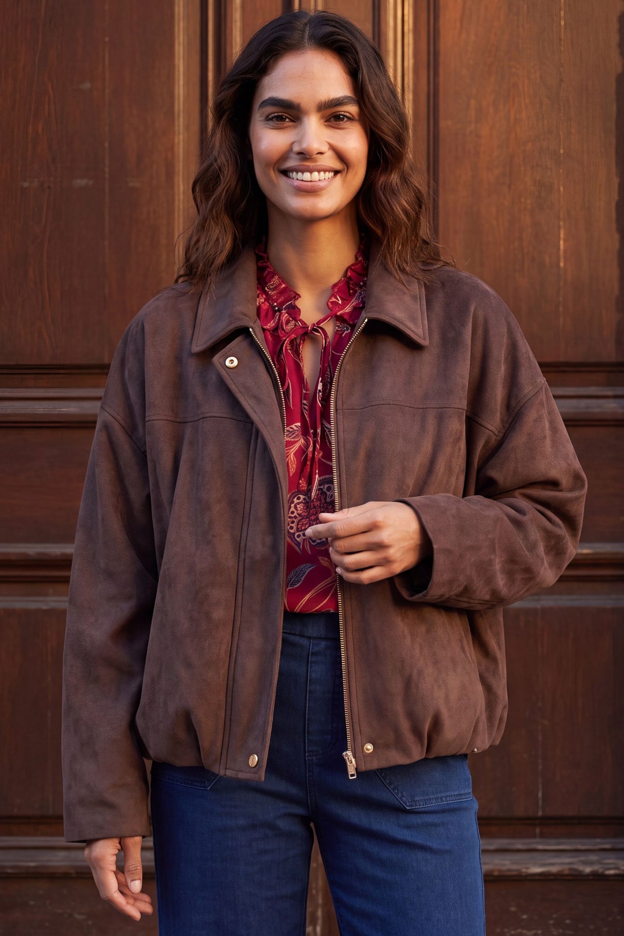 Valerie Brown Faux Suede Zip Oversize Jacket