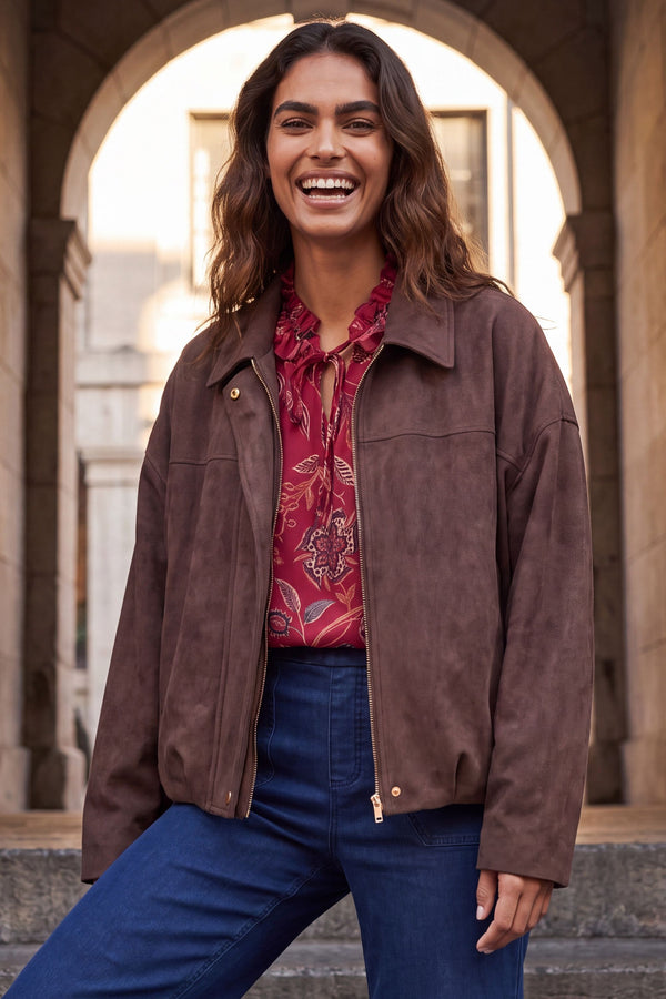 Valerie Brown Faux Suede Zip Oversize Jacket