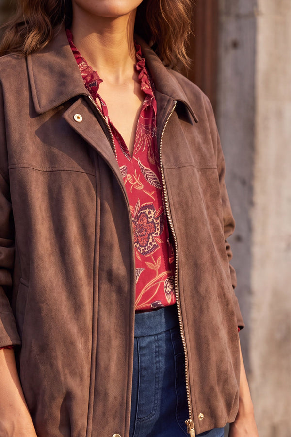 Valerie Brown Faux Suede Zip Oversize Jacket