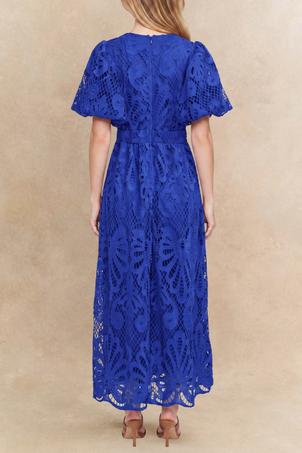 Vicatoria Robe Midi Dentelle Manches Bouffantes