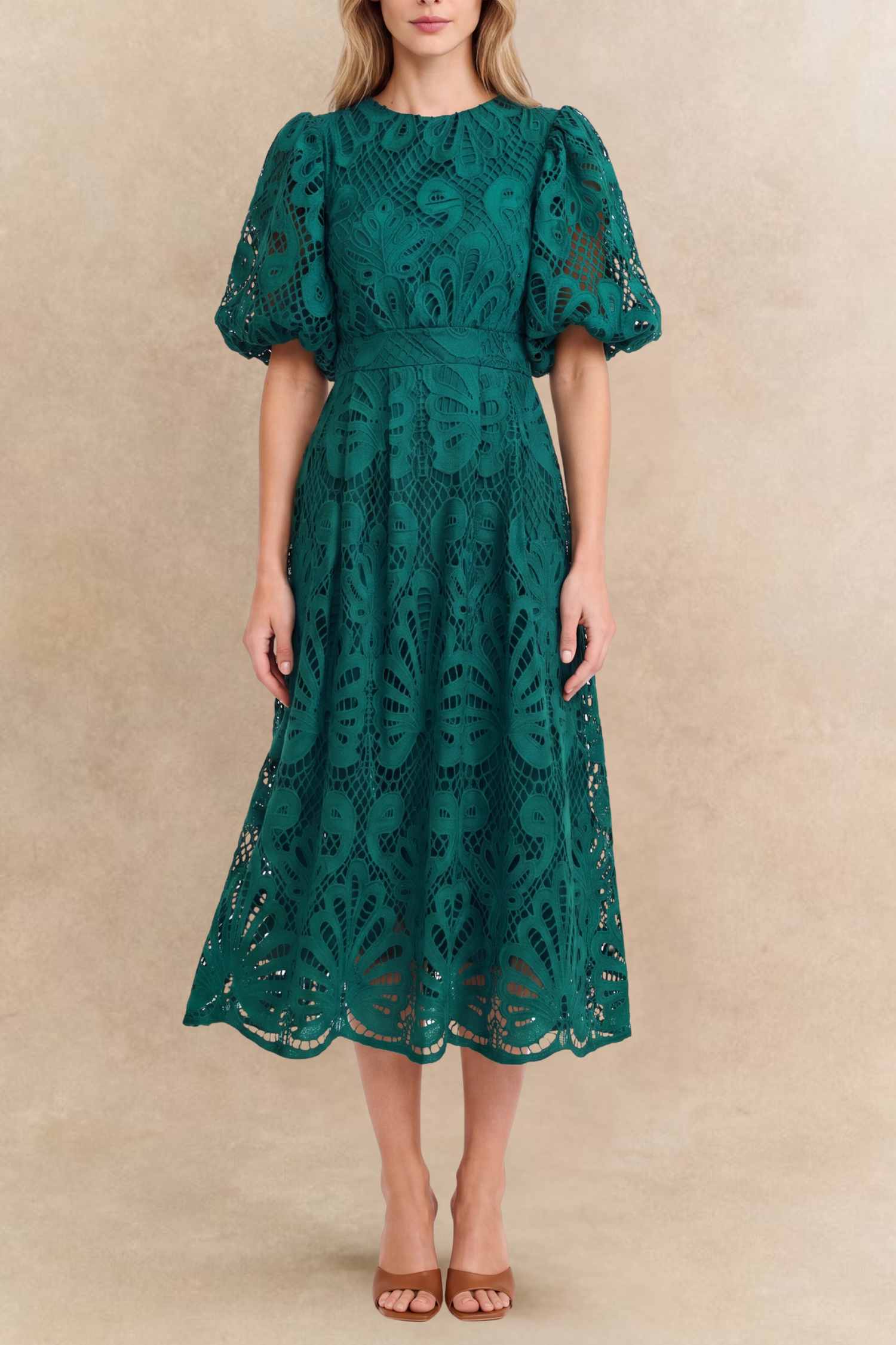 Vicatoria Robe Midi Dentelle Manches Bouffantes