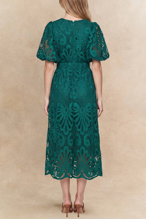 Vicatoria Robe Midi Dentelle Manches Bouffantes