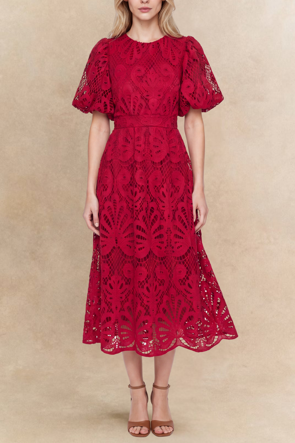 Vicatoria Robe Midi Dentelle Manches Bouffantes