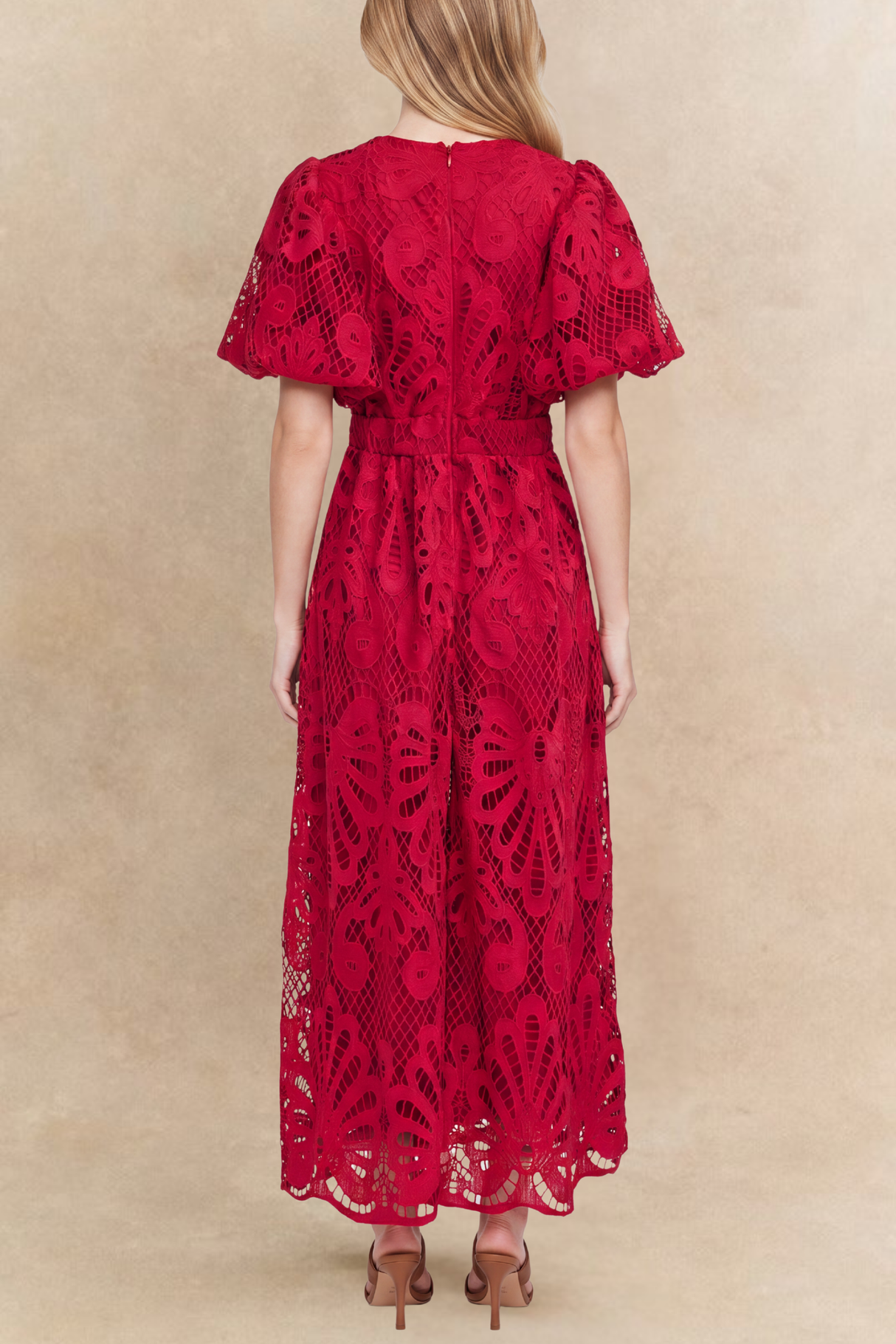 Vicatoria Robe Midi Dentelle Manches Bouffantes