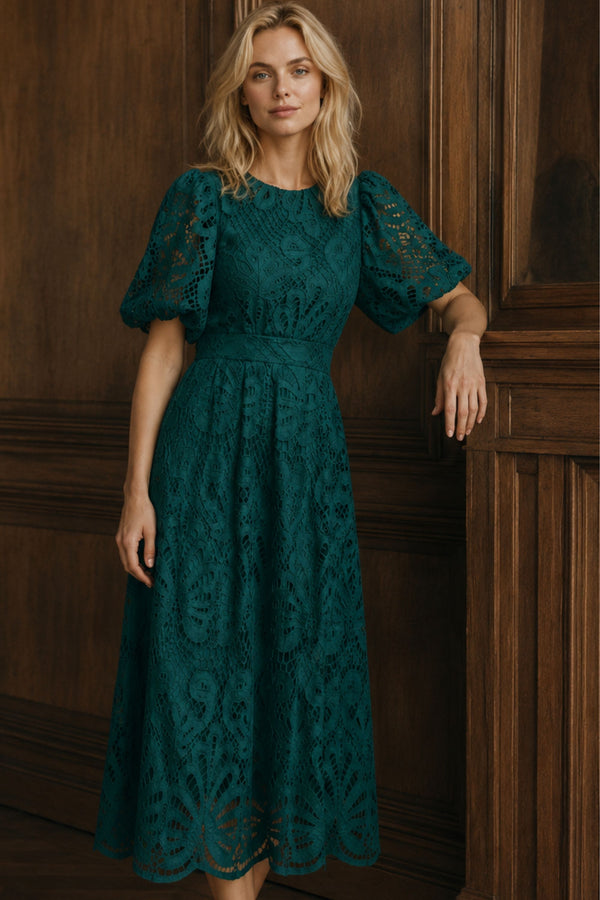 Vicatoria Robe Midi Dentelle Manches Bouffantes
