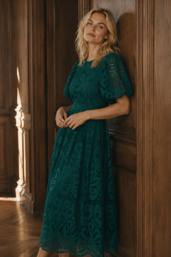 Vicatoria Robe Midi Dentelle Manches Bouffantes