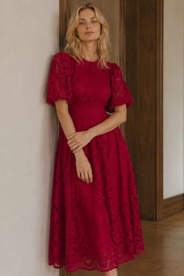 Vicatoria Robe Midi Dentelle Manches Bouffantes