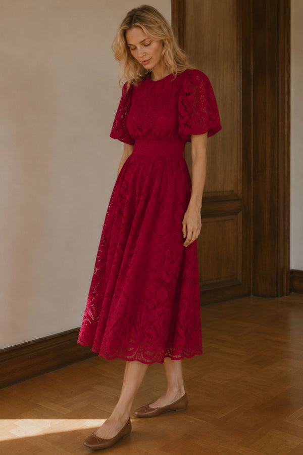 Vicatoria Robe Midi Dentelle Manches Bouffantes