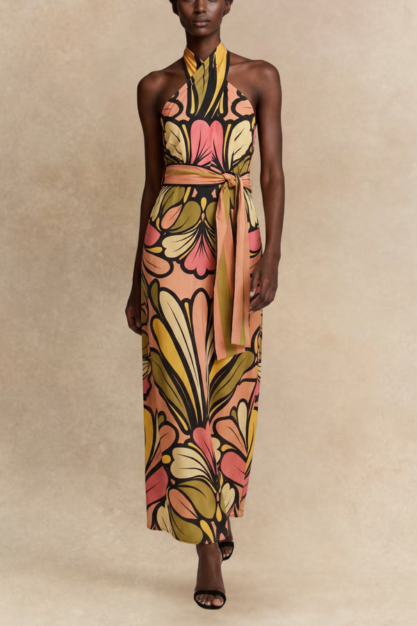  Vivian Robe Longue Caraco Col Halter Imprimée
