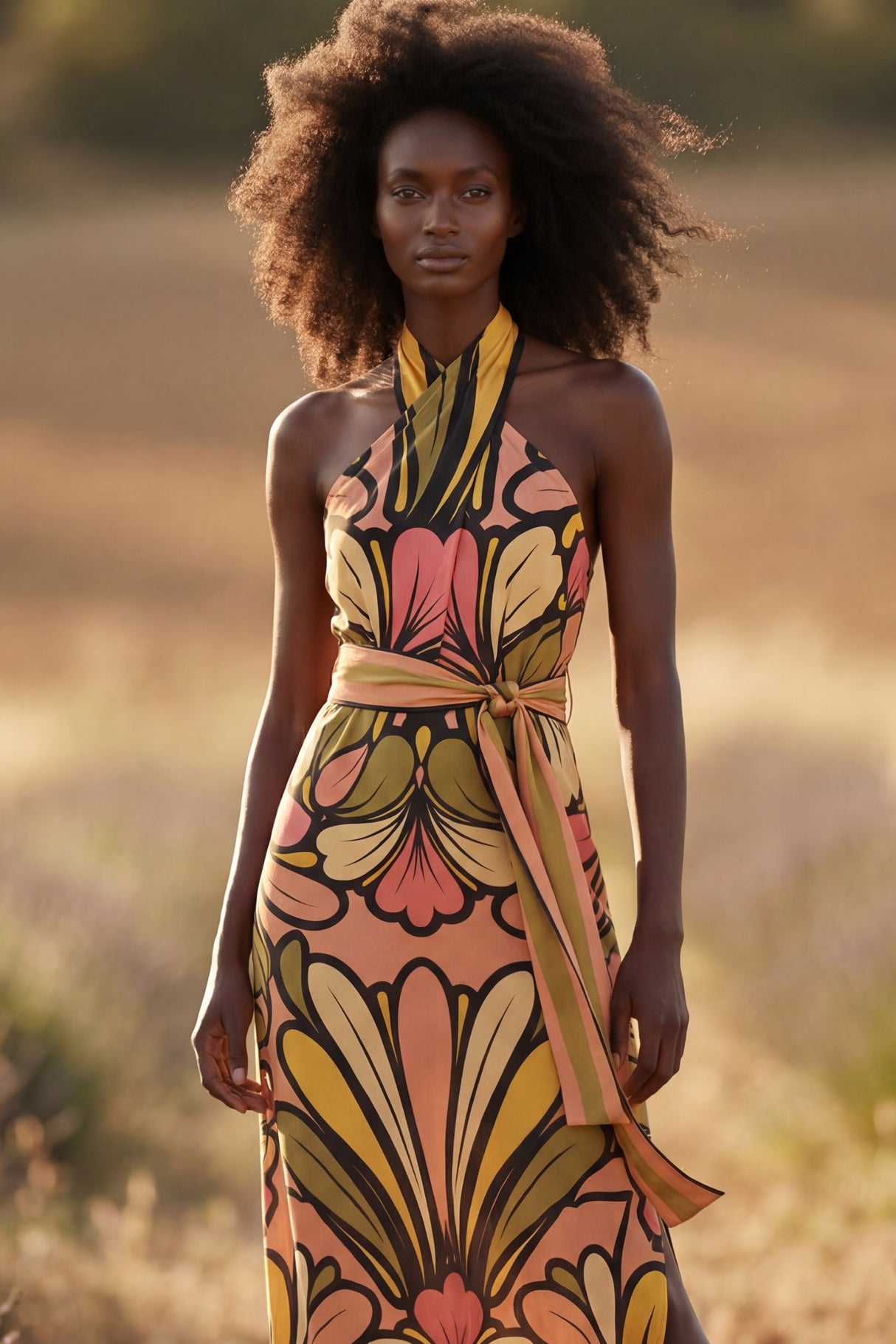  Vivian Robe Longue Caraco Col Halter Imprimée