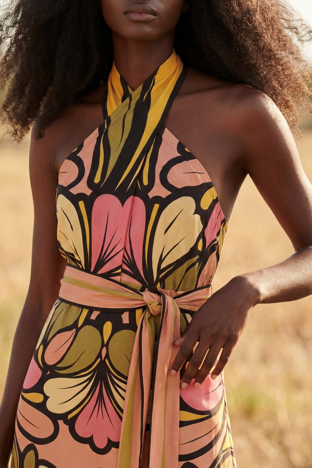  Vivian Robe Longue Caraco Col Halter Imprimée