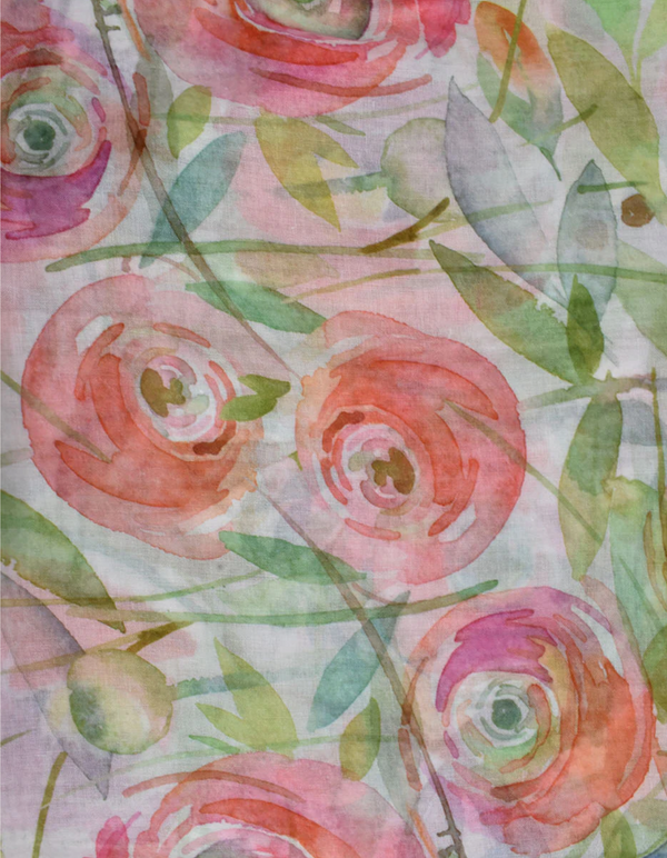 Écharpe florale aquarelle rose tendre vert fleurs pastel