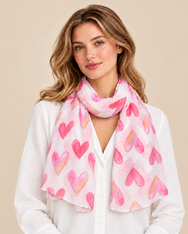 Scarf Hearts Print Lightweight Pink White