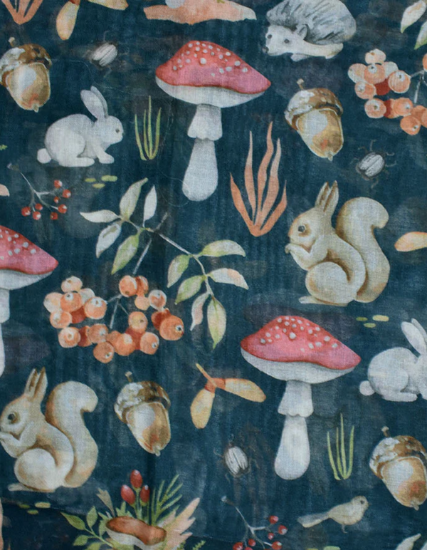 Woodland Animals Scarf Forest Green with Rabbits & Squirrels