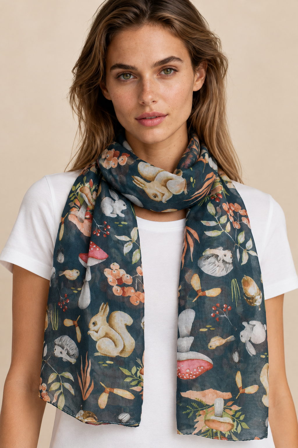 Woodland Animals Scarf Forest Green with Rabbits & Squirrels
