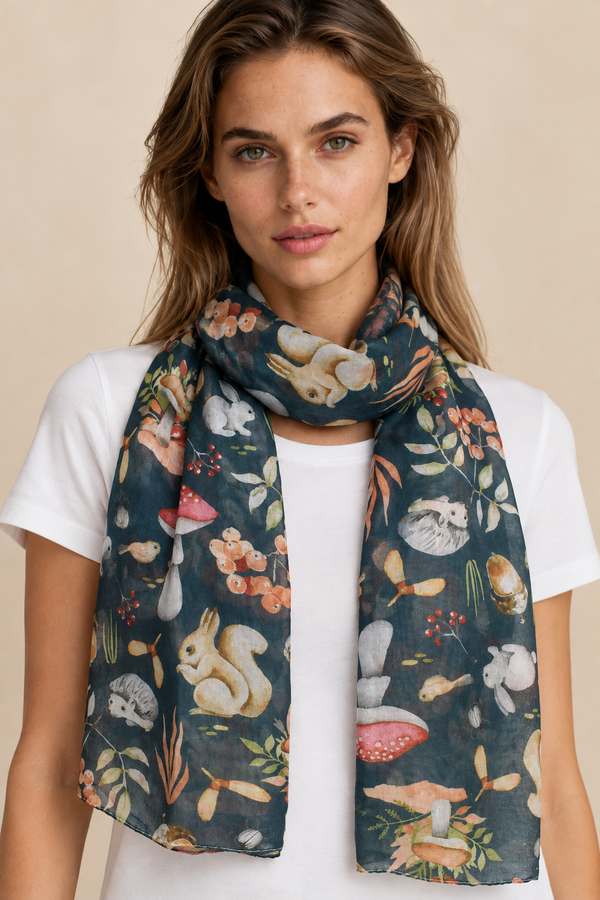 Woodland Animals Scarf Forest Green with Rabbits & Squirrels