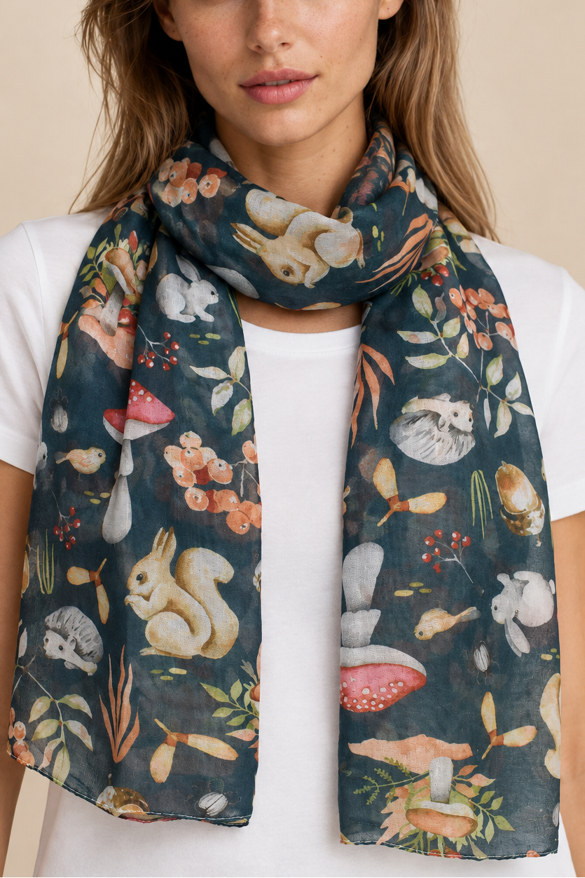 Woodland Animals Scarf Forest Green with Rabbits & Squirrels