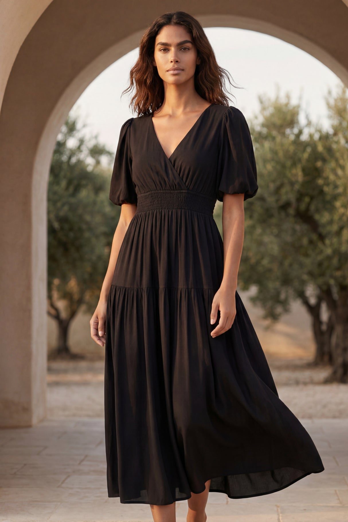 Zoe Tiered Puff Sleeve Midi Dress