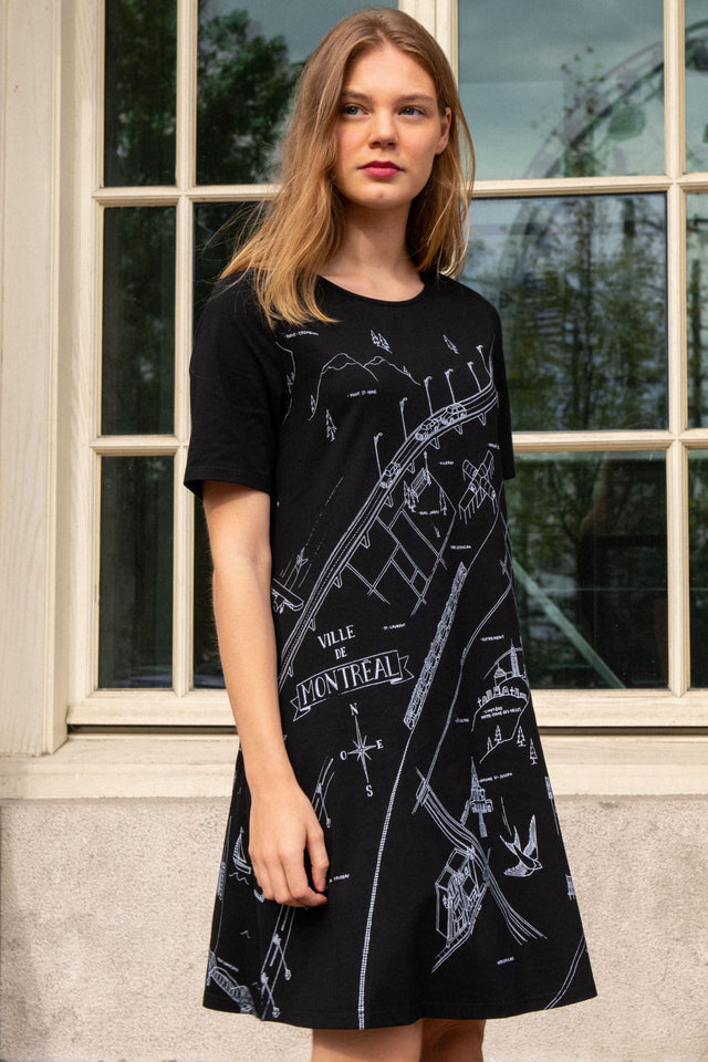 A La Carte A-Line Dress Montreal Map Print Black