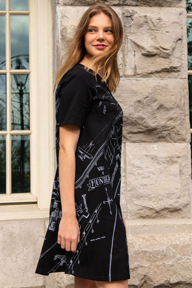 A La Carte A-Line Dress Montreal Map Print Black