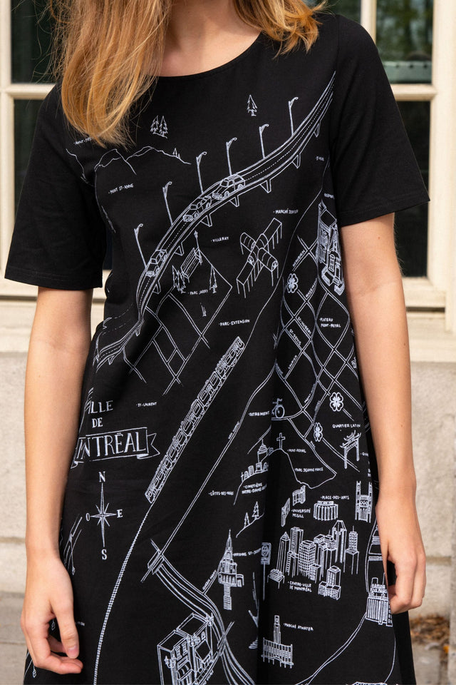 A La Carte A-Line Dress Montreal Map Print Black