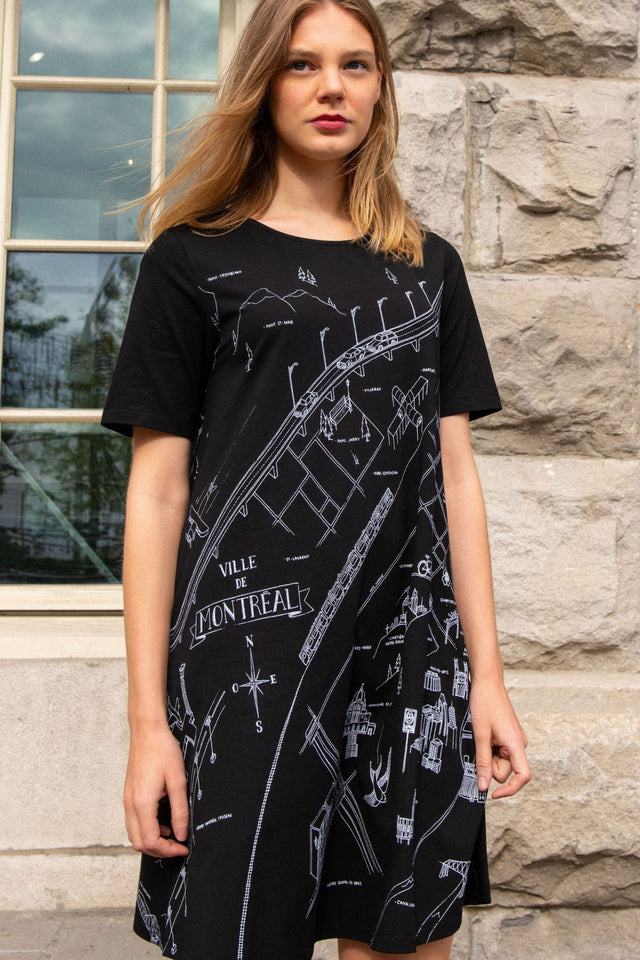 A La Carte A-Line Dress Montreal Map Print Black