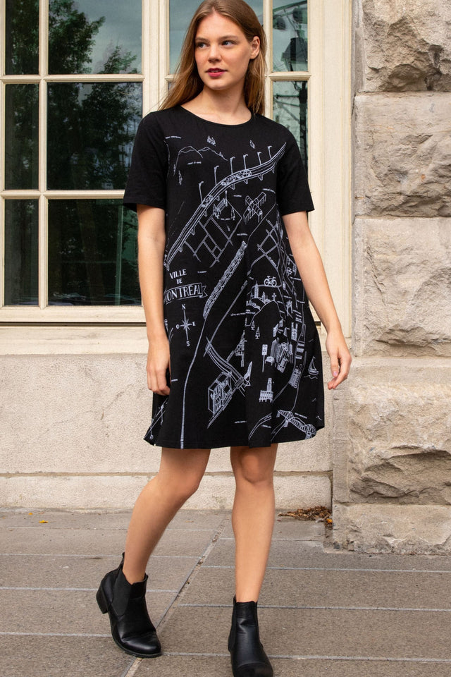 A La Carte A-Line Dress Montreal Map Print Black