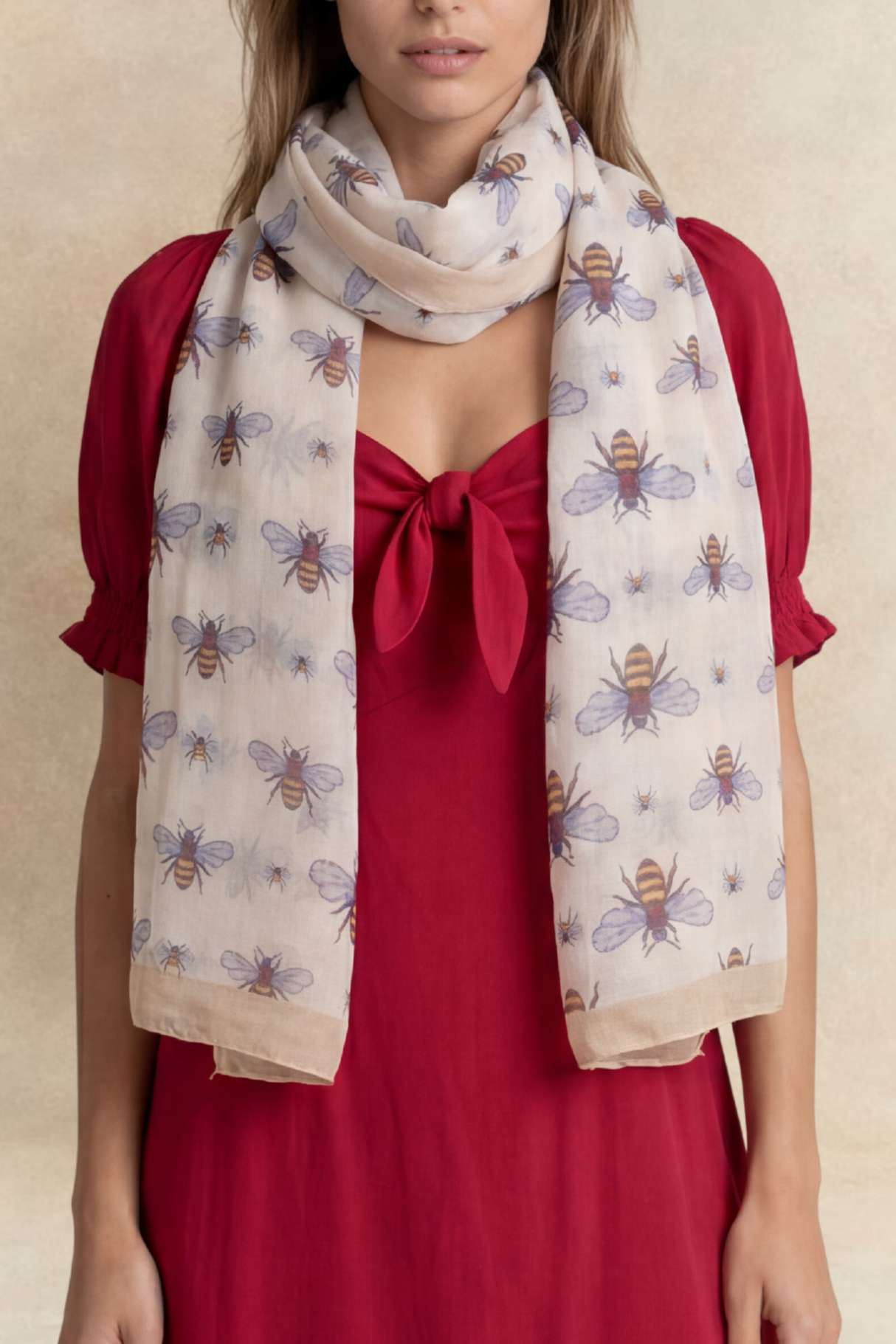 Bee Print Lightweight Scarf Beige