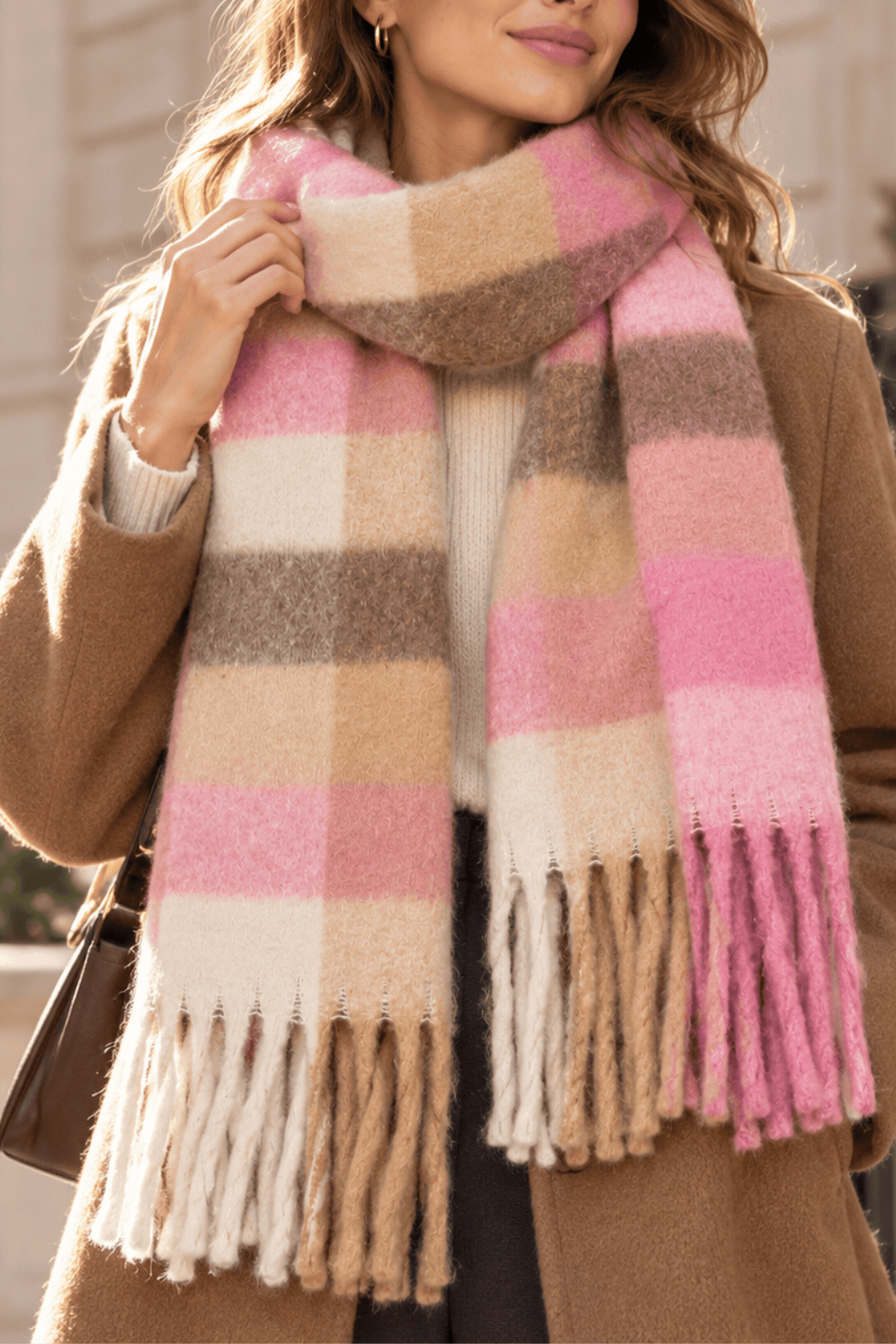 Foulard rose et camel à blocs de couleurs