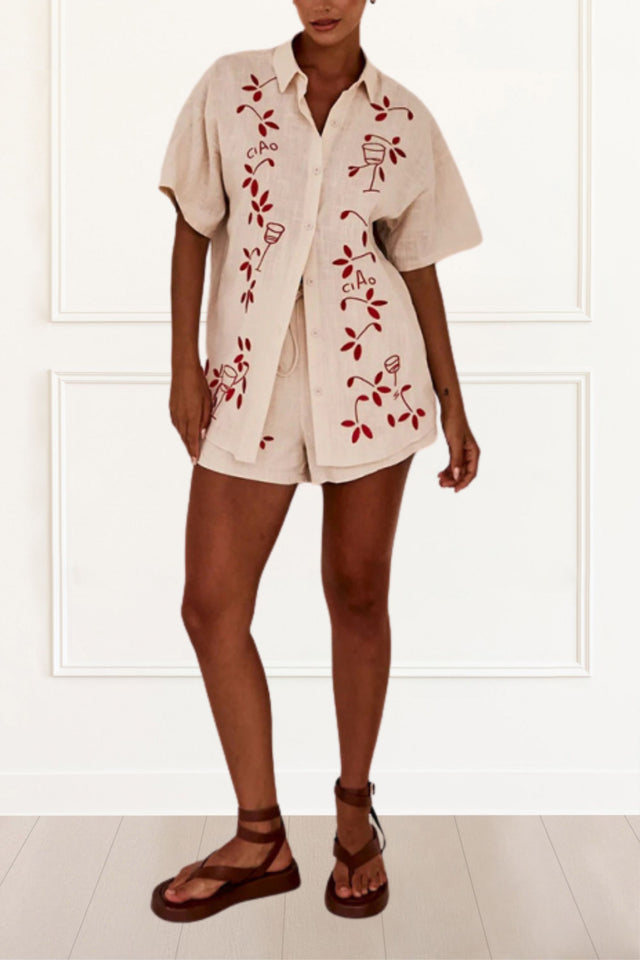 Alana Shirt & Shorts Embroidered Floral Motif