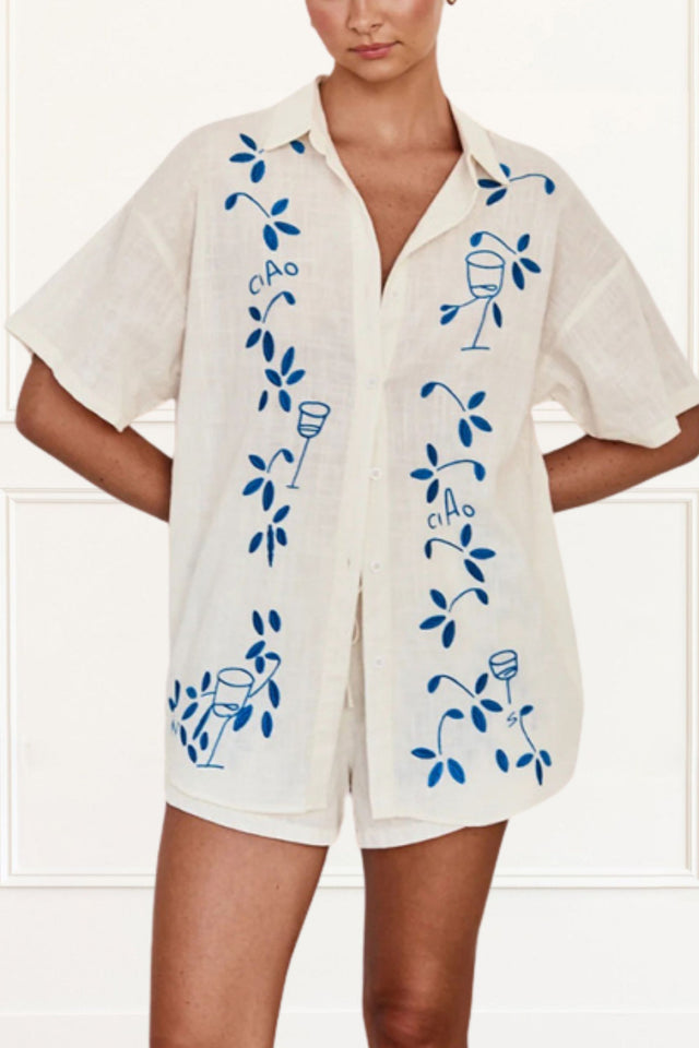 Alana Shirt & Shorts Embroidered Floral Motif