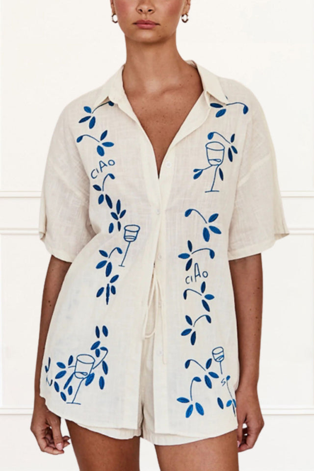 Alana Shirt & Shorts Embroidered Floral Motif