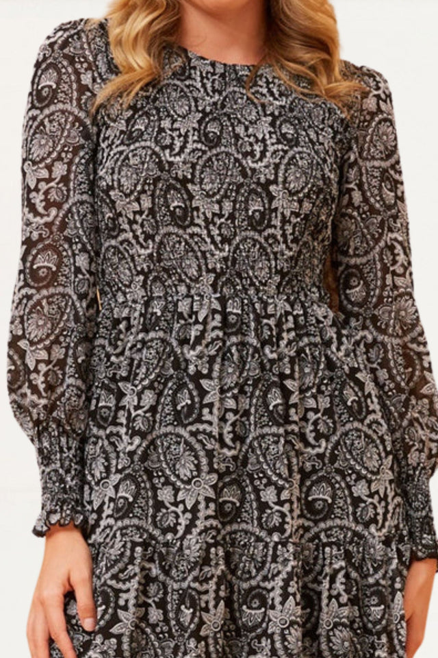 Maya Smocked Midi Dress Paisley Print Tiered Black