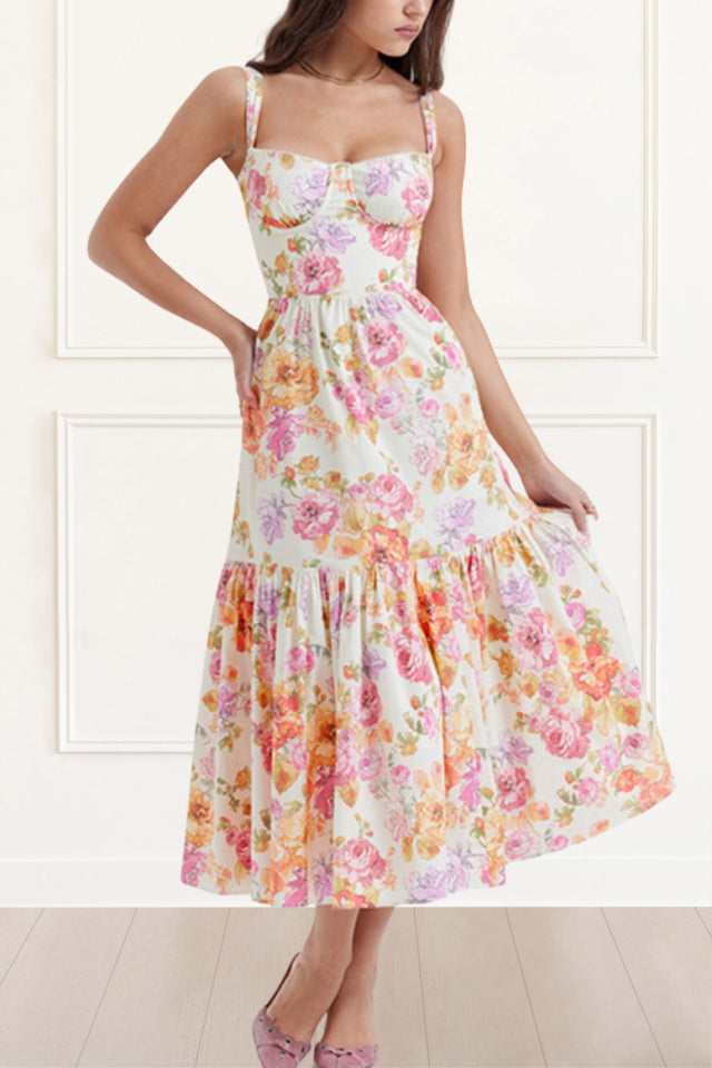 Ashley Robe Midi Imprimé Floral Évasée Sans Manches