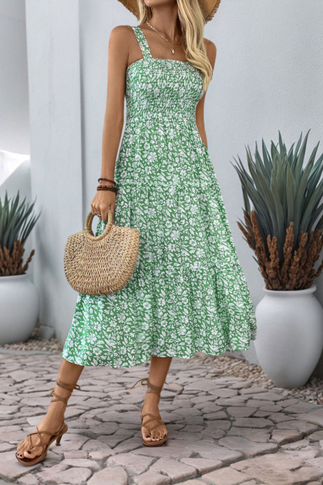 Avery Midi Dress Smocked Floral Print Shoulder Straps