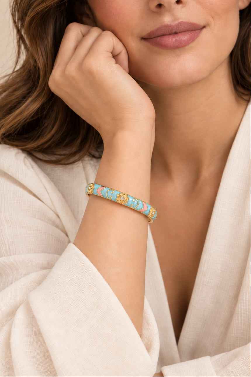 Blue & Pink Enamel Gold-Tone Hinged Bangle