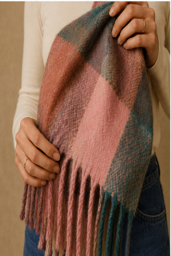 Gros plan sur foulard rose blush et sarcelle à carreaux avec franges