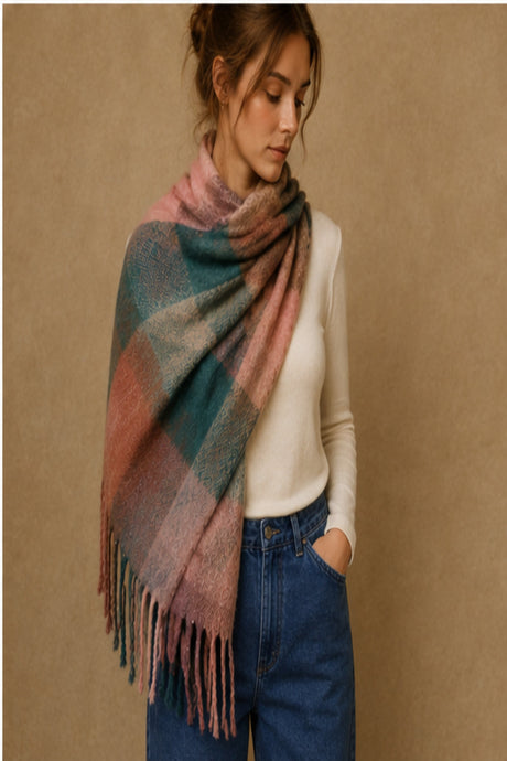 Foulard rose blush et sarcelle à carreaux avec franges – vue complémentaire