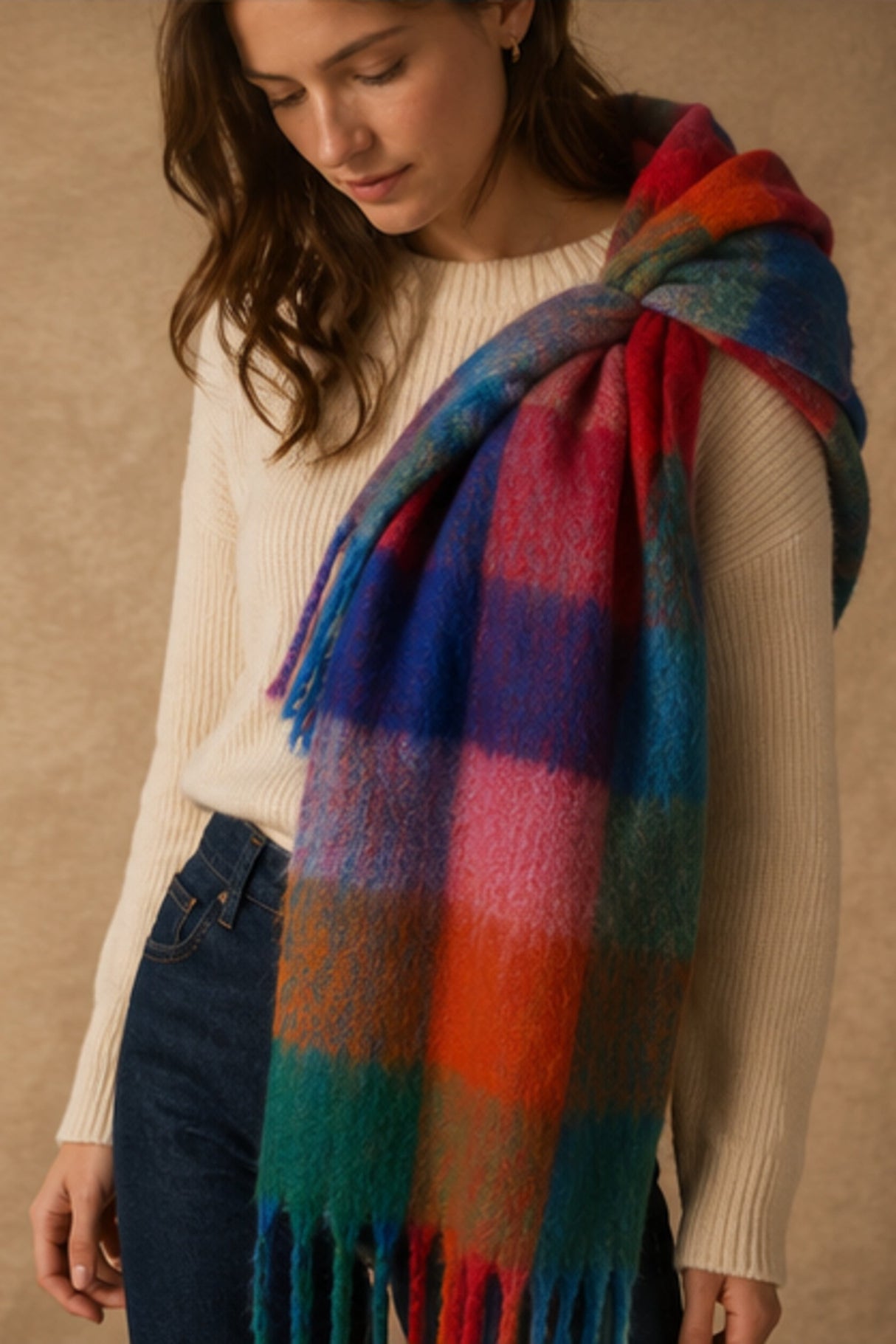 Foulard multicolore à carreaux avec franges – vue complémentaire