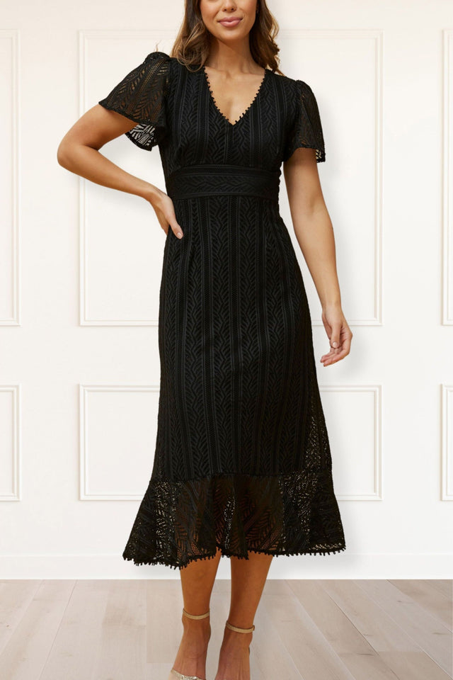 Bonnie Midi Dress Knit Lace Crochet V Neck Solid