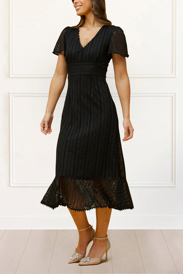 Bonnie Midi Dress Knit Lace Crochet V Neck Solid