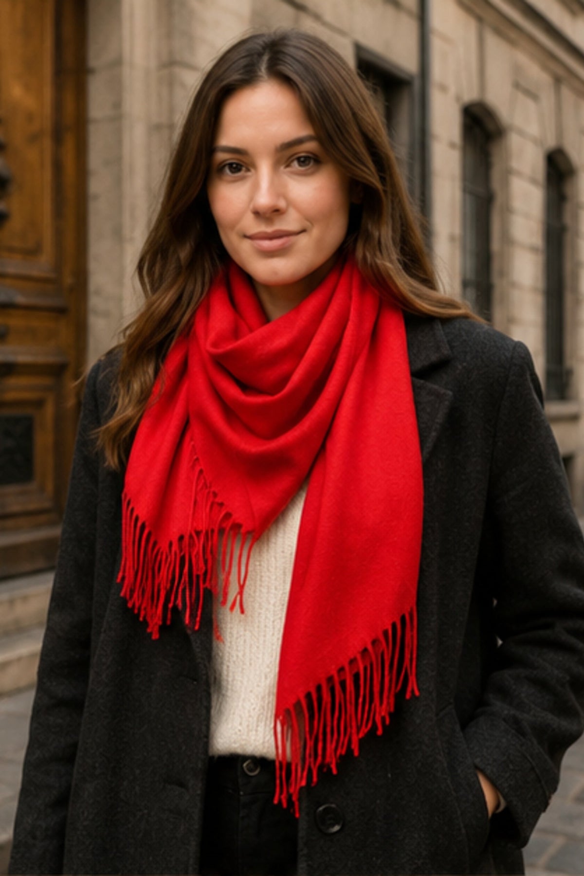 Foulard rouge vif à franges – présentation dans le Vieux-Montréal