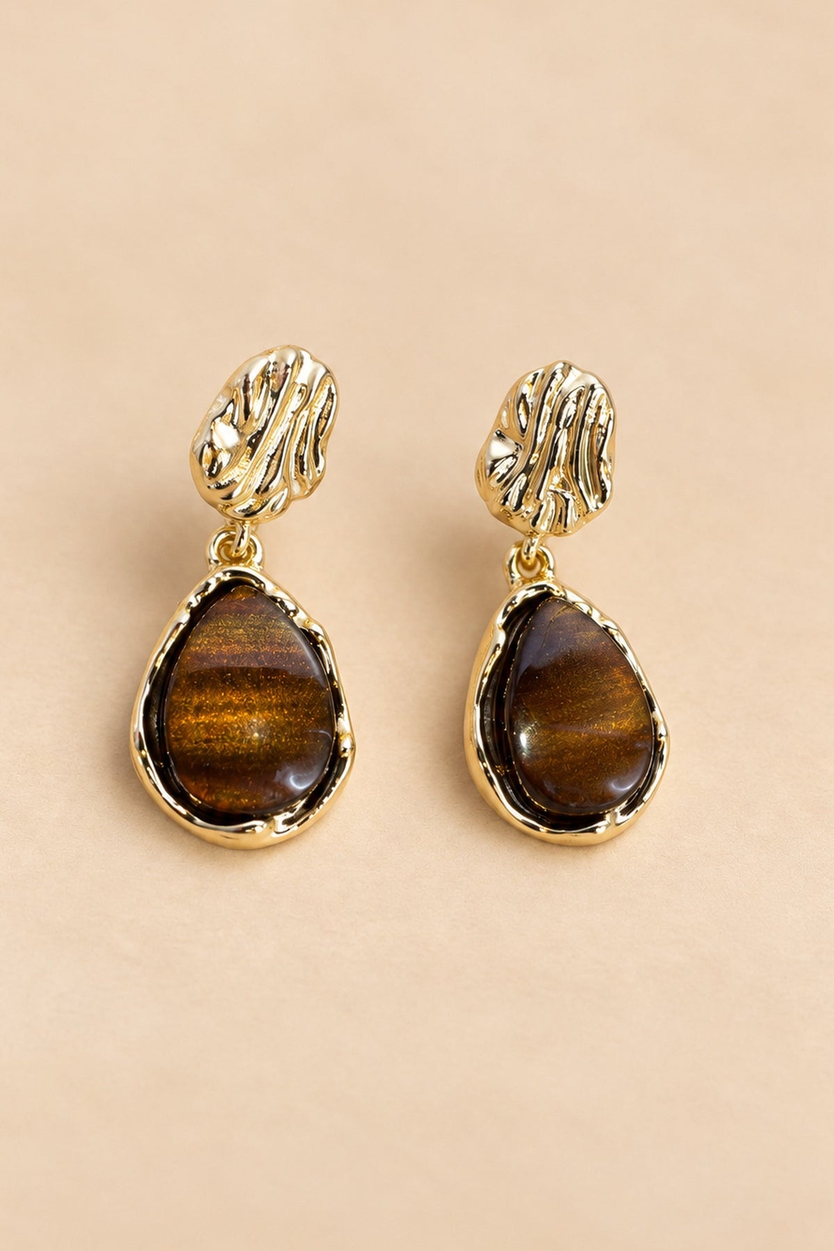 Brown and gold teardrop earrings main view