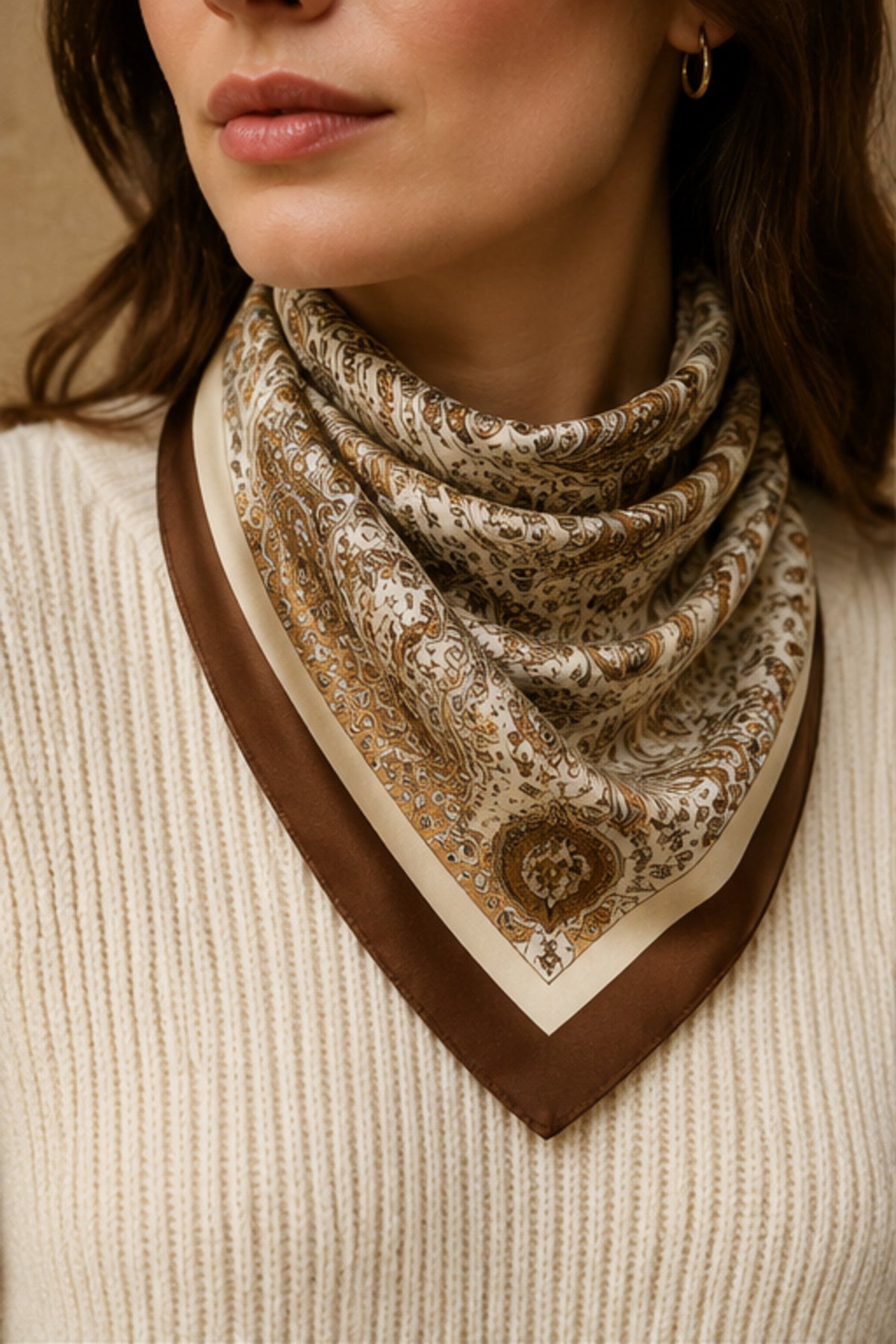 Brown Paisley Border Square Scarf styled for an ONZE studio cover