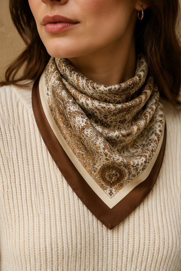 Brown Paisley Border Square Scarf styled for an ONZE studio cover
