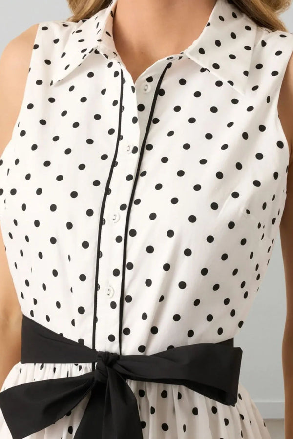 Daniela Robe Chemise Midi à Pois Sans Manches Ceinture à Nouer