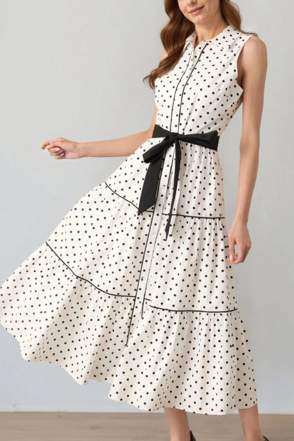 Daniela Robe Chemise Midi à Pois Sans Manches Ceinture à Nouer