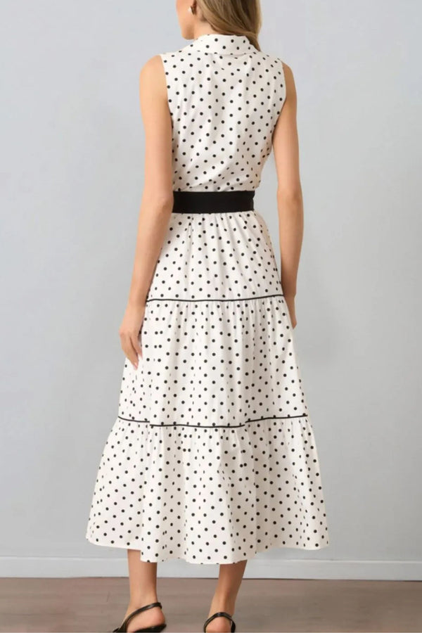 Daniela Robe Chemise Midi à Pois Sans Manches Ceinture à Nouer